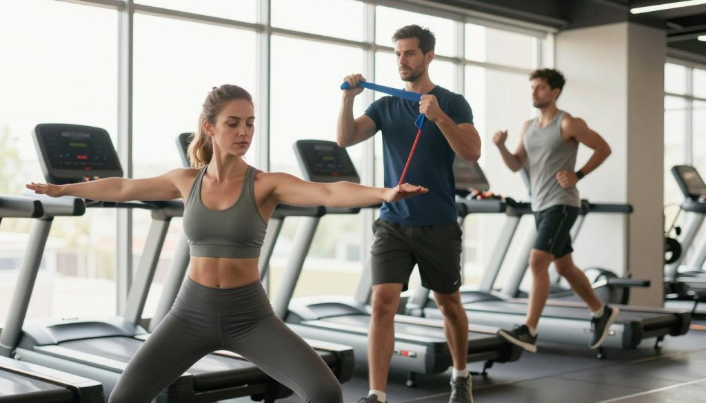 A diverse group of three individuals engaging in insulin sensitivity exercises in a modern gym setting. In the foreground, a woman in modest athletic wear performs a dynamic stretching exercise, showcasing her focus and determination. In the middle ground, a man in professional-looking workout clothes is using a resistance band, demonstrating strength training techniques. A second individual, also in casual athletic attire, is seen jogging on a treadmill, symbolizing cardiovascular fitness. The background features large windows letting in natural sunlight, casting a warm glow on the scene, enhancing the atmosphere of motivation and health. The image should be bright and uplifting, with clean lines and sharp details, capturing the essence of fitness and well-being in a supportive environment.