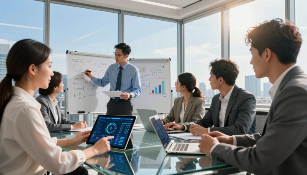 A futuristic office setting, showcasing a diverse group of professionals in smart business attire, engaged in a brainstorming session around a sleek glass table. In the foreground, a woman presents a digital performance dashboard on a tablet, her expression focused and confident. In the middle, a man jots down ideas on a digital whiteboard, while another team member analyzes data on a laptop, highlighting collaboration and strategic thinking. In the background, large windows offer a panoramic view of a vibrant cityscape under clear blue skies, symbolizing growth and potential. Soft, warm lighting creates an inviting atmosphere, with a slight lens flare to enhance the inspiring mood. The angle is slightly elevated, framing the team as they work collectively towards optimal performance and innovation.