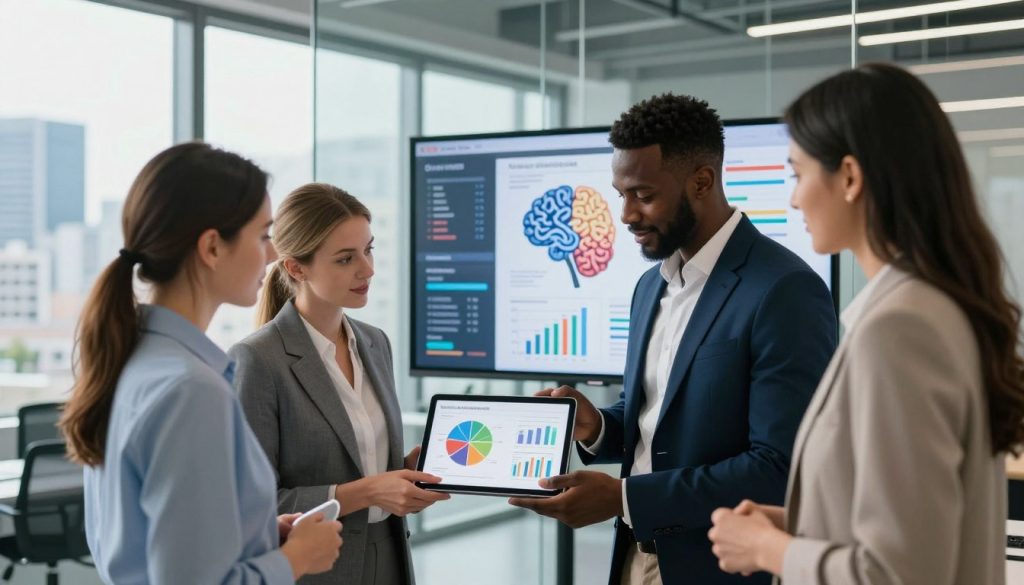 A modern, sleek office environment with a glass wall overlooking a city skyline. In the foreground, a diverse group of three professionals—one Caucasian woman, one African American man, and one Hispanic woman—are engaged in discussion while examining colorful charts and graphs on a tablet, depicting trends in cognitive function improvement. The middle ground includes a large digital screen displaying data visualizations and mind maps related to cognitive progress. The background features bright, natural lighting streaming in from large windows, softening the space and creating a productive atmosphere. The overall mood is focused and optimistic, emphasizing ambition and collaboration in personal development. The professionals are dressed in smart business attire, reflecting a tone of professionalism and dedication.