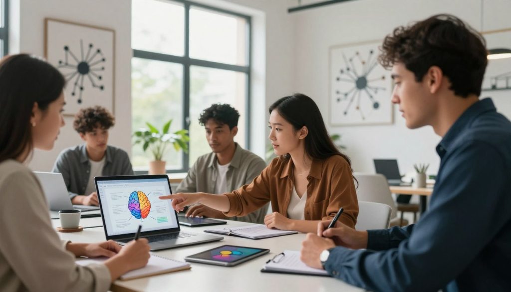 A modern workspace, featuring a sleek desk with an open laptop showcasing brain optimization software. In the foreground, a diverse group of professionals (two women and one man) in smart casual clothing, collaborating over notes and digital tablets. One woman points at a vibrant, colorful infographic illustrating brain optimization techniques, while the man takes notes. In the middle, a large window allows natural light to flood the room, creating a bright and inspiring atmosphere. On the walls, abstract art representing neural connections adds a creative touch. The background features greenery outside, symbolizing growth and enhancement. Soft, diffuse lighting highlights the subjects, casting gentle shadows and adding depth. The overall mood is focused, innovative, and positive, encouraging cognitive enhancement.