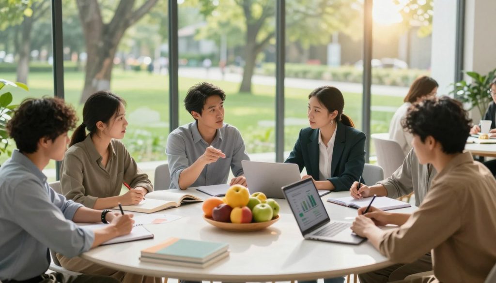 A serene and inspiring workspace filled with natural light, where a diverse group of professionals (in smart casual attire) engage in brainstorming vitality enhancement strategies together. In the foreground, a round table is covered with health-related books, vibrant fruits, and a laptop displaying wellness graphs. In the middle, a couple of individuals animatedly discussing while others jot down ideas on notepads. In the background, large windows showcase a lush green park, symbolizing rejuvenation and growth, with sunlight streaming in, casting warm shadows. The atmosphere is collaborative and uplifting, embodying a sense of optimism and proactive energy. The image should evoke motivation and a sense of purposeful living, captured from a slight overhead angle with soft focus on the background elements to draw attention to the teamwork at hand.