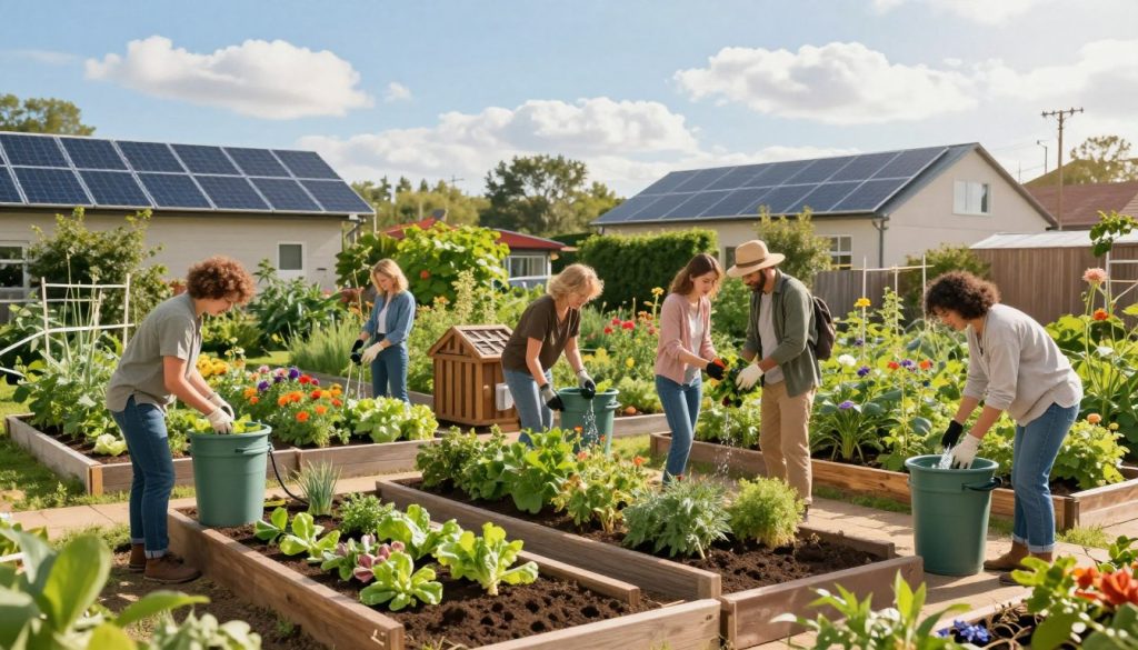 A serene, vibrant scene depicting sustainable living practices in a sunlit urban garden. In the foreground, a diverse group of individuals dressed in modest casual clothing engages in activities like planting vegetables and collecting rainwater in stylish, eco-friendly containers. The middle ground showcases a mix of raised garden beds filled with colorful herbs and flowers, accompanied by a compost bin. Lush greenery and solar panels on rooftops hint at renewable energy solutions. In the background, a clear blue sky with white clouds enhances the uplifting atmosphere. Soft, warm lighting bathes the scene, creating a peaceful and inspiring mood that embodies a high-energy lifestyle focused on sustainability and community.