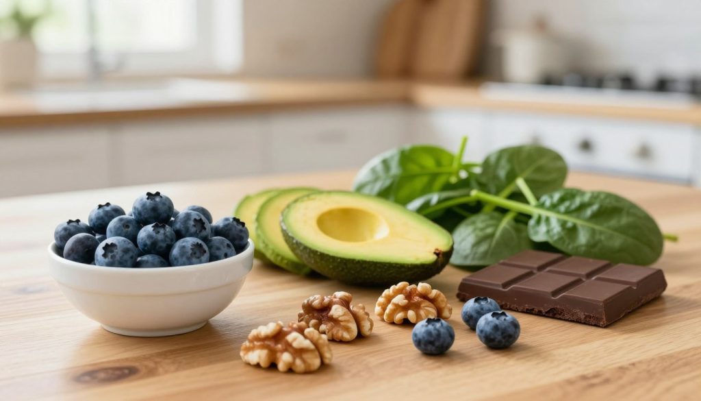 A vibrant and visually appealing arrangement of brain-boosting foods, including blueberries, walnuts, avocados, spinach, and dark chocolate, beautifully displayed on a wooden table. In the foreground, a small bowl of vibrant blueberries bursts with color, while a handful of walnuts is scattered artfully beside it. The middle ground features sliced avocado and fresh spinach leaves arranged neatly. In the background, a soft-focus blend of an inviting kitchen with natural light streaming in through a window creates a warm and healthy atmosphere. The scene is illuminated with soft, diffused light highlighting the textures of the foods, captured with a shallow depth of field for a crisp and inviting look, evoking a sense of vitality and mental clarity.