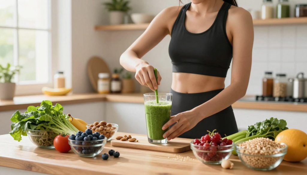A vibrant kitchen setting filled with fresh, colorful foods representing energy optimization for a healthy lifestyle. In the foreground, a wooden table displays an array of nutritious ingredients: leafy greens, berries, nuts, and whole grains, artfully arranged on glass bowls. The middle ground features a fit individual in professional athletic attire, enthusiastically blending a green smoothie, showcasing a focus on physical energy. The background includes softly blurred shelves stocked with various health supplements and a window streaming natural sunlight, creating a warm, inviting atmosphere. The composition conveys a sense of vitality and motivation, encouraging an energetic approach to nutrition. The lighting is bright and uplifting, enhancing the colors of the food while maintaining a clean and modern aesthetic.