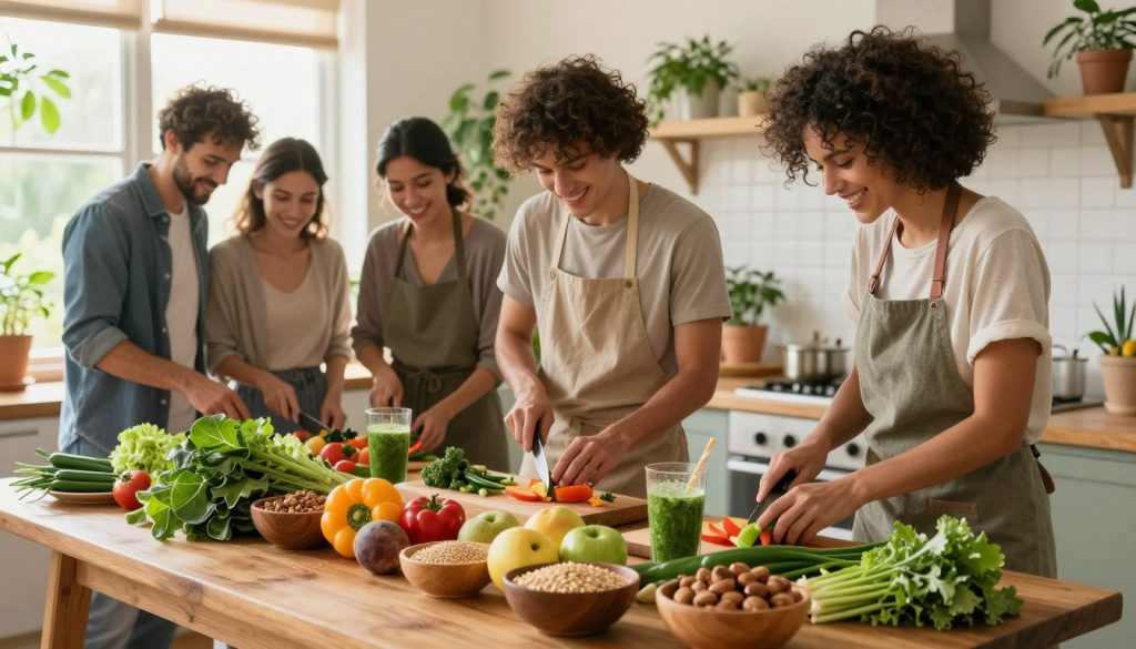 A vibrant kitchen setting filled with fresh, organic produce. In the foreground, a wooden table showcases a colorful array of eco-friendly foods: leafy greens, colorful fruits, grains, and nuts, beautifully arranged in rustic bowls. In the middle, a diverse group of individuals in modest casual clothing joyfully prepares a nutritious meal, highlighting teamwork and connection with nature. They are engaged in slicing vegetables or blending smoothies, with smiles reflecting the joy of healthy eating. In the background, sunlight streams through a window, casting a warm, inviting glow on indoor plants and a herb garden, enhancing the overall mood of sustainability and vitality. The atmosphere is fresh, lively, and inspiring, promoting a sense of healthy living and ecological mindfulness.