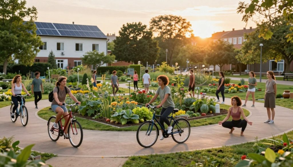 A well-lit urban park scene during sunset, showcasing an eco-friendly lifestyle. In the foreground, a diverse group of individuals, dressed in modest casual activewear, are engaged in various forms of low-carbon exercise: cycling, jogging, and practicing yoga. In the middle ground, a community garden flourishes with blooming plants and vegetables, symbolizing sustainable living. In the background, solar panels are visible on a nearby building, and trees line the pathways, enhancing the green atmosphere. The warm, golden light of the setting sun casts a calming glow over the scene, evoking a sense of harmony between nature and human activities. The overall mood is vibrant and uplifting, emphasizing the benefits of a low-carbon lifestyle.
