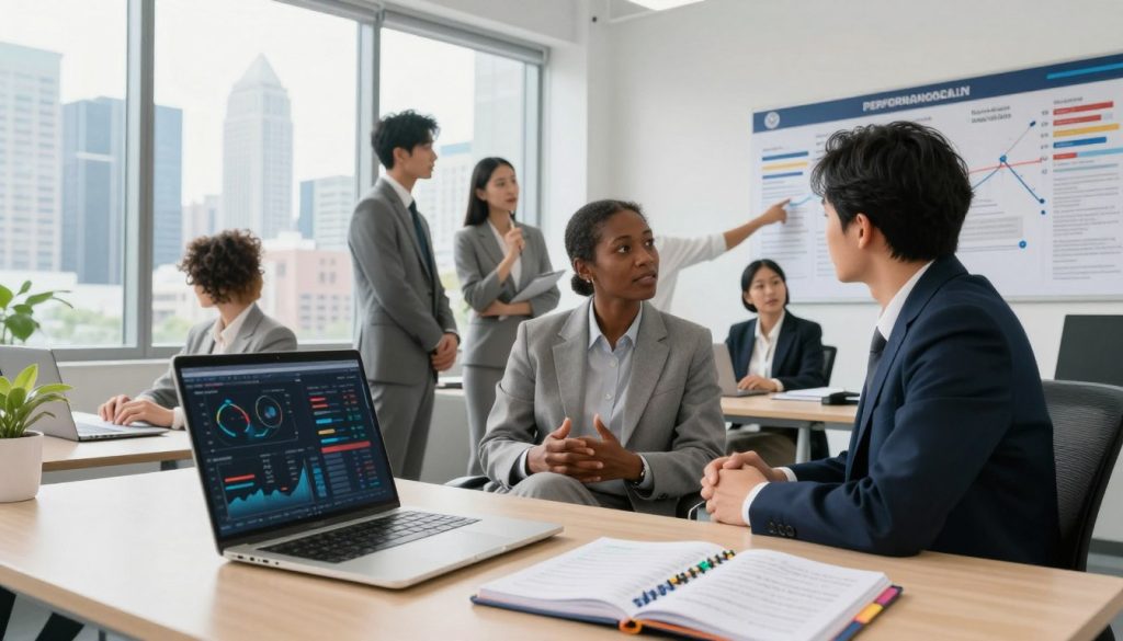 A well-organized desk in a bright, modern office setting serves as the foreground, with a sleek laptop, performance metrics displayed on the screen, and an open planner filled with notes and colorful tabs. In the middle, a group of diverse professionals in business attire engage in a focused discussion, one pointing to a strategic timeline displayed on a wall poster, conveying collaboration on a performance longevity plan. The background features large windows showcasing a vibrant city skyline, emphasizing a sense of progress and ambition. Soft, natural lighting floods the room, creating an optimistic and motivating atmosphere. The angle is slightly elevated, capturing both the dynamic interaction in the middle and the inspiring view outside.